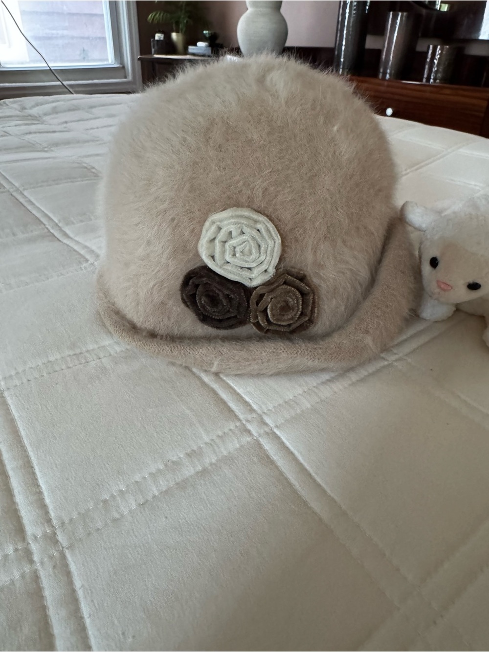 Agora  women Fuzzy Flower Cloche Hat - Beige with Cream & Brown Accents Angora